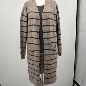 Debut Beige With Gray Striped Long Cardigan Duster, Size Medium